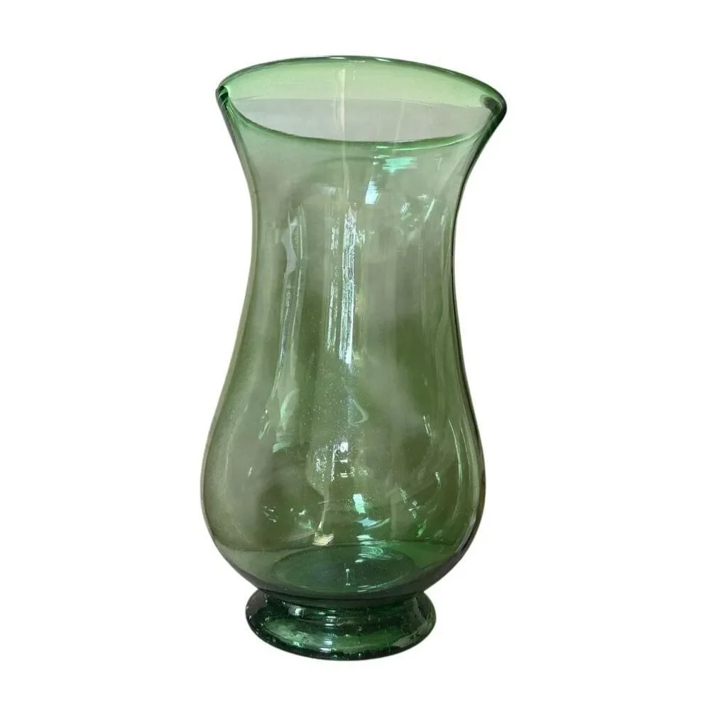 Heavy green hand blown glass vase 16” tall footed